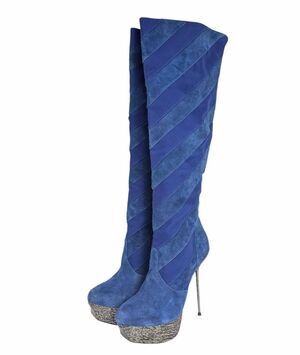 Y2K Two Lips Blue suede Chevron striped OTK platform metal heel boots womens 10
